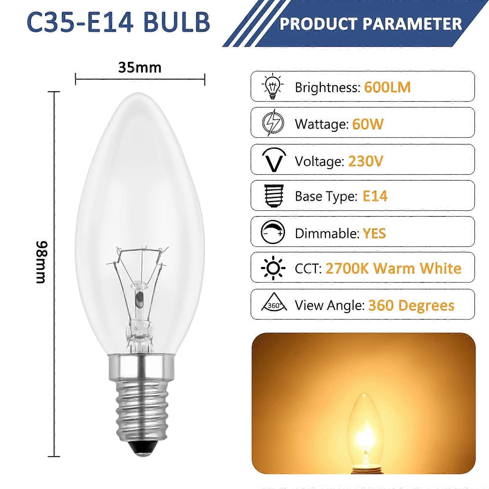 Incandescent Candle Bulb E14 60W 230V, E14 Flame Bulb, Dimmable Warm White 2700K, 600LM, C35 Transparent Bulb, For Chandelier, Desk Lamp, Pack of 6