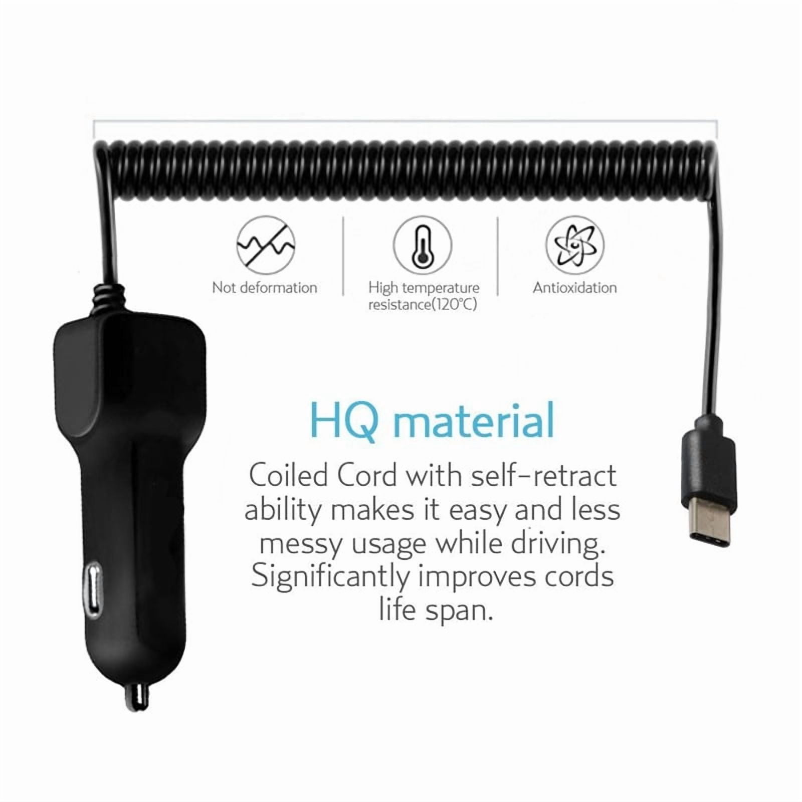 Car Charger for Nokia T20/T21 - 3.1A Type-C Power Adapter DC Socket Extra USB Port Coiled Cable