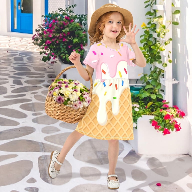 ice cream dress girls Baby And Toddler Girls Short Flutter Sleeve Ice Cream Print Knit Babydoll  Dress - PINK