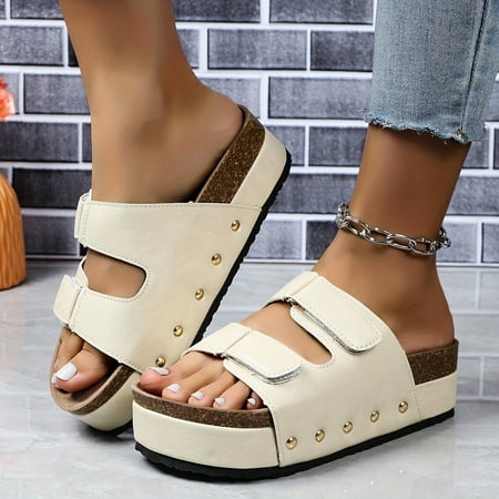 

HOLXI 2024 Women s Platform Sandals Casual Slip On Solid Color Double Buckle Bands Versatile Vacation Shoes