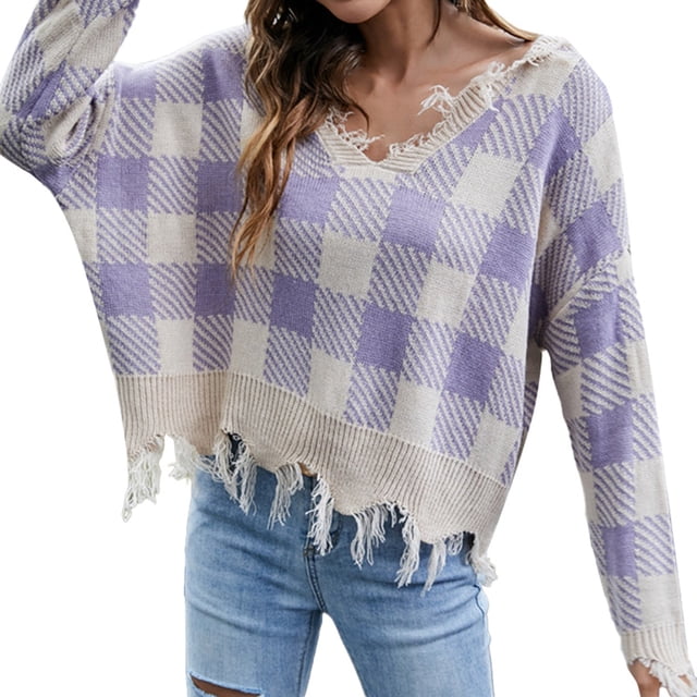 Suéter elegante Sexy Gibobby suelto de punto con flecos y cuello en V de otoño/invierno para mujer Morado XL