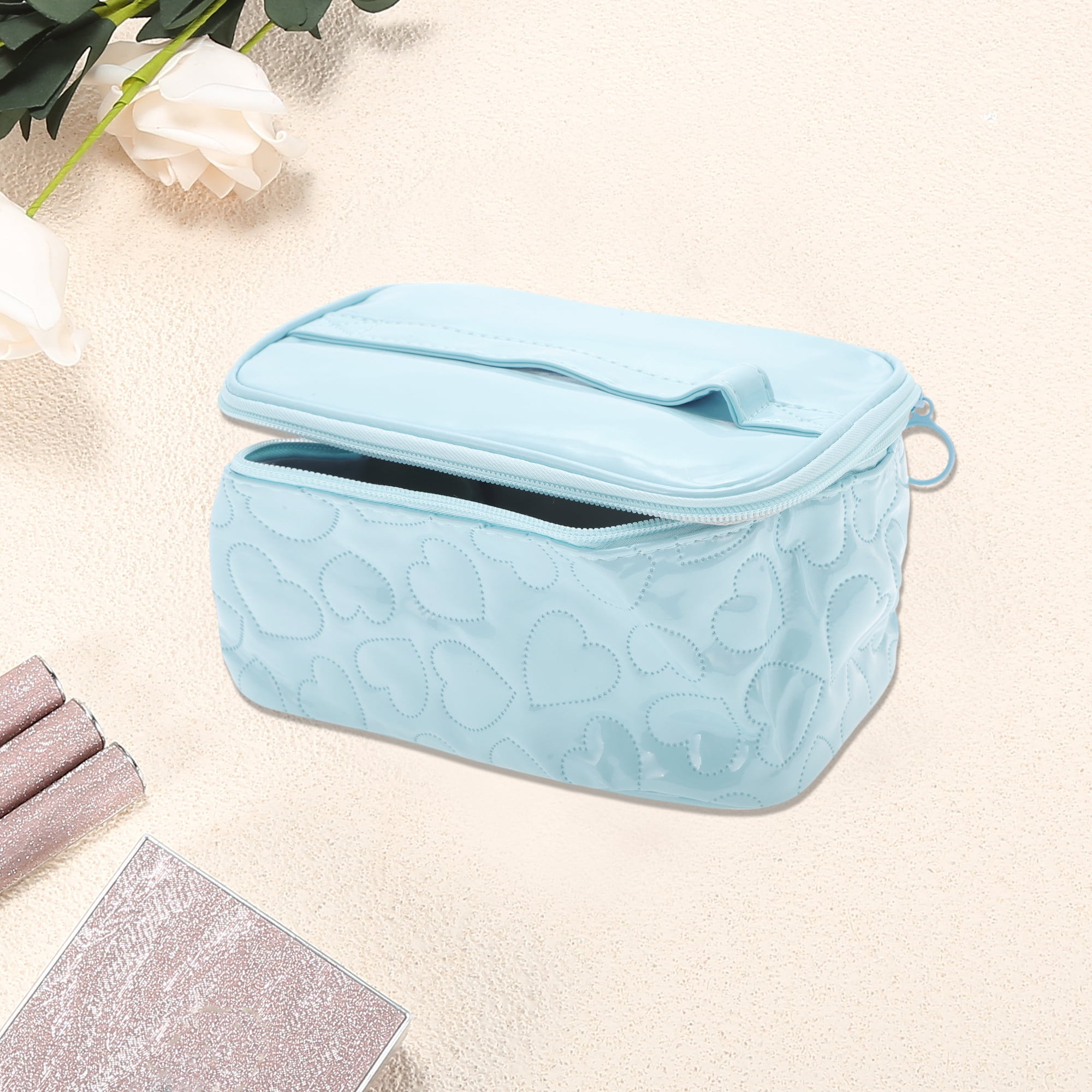 Unique Bargains 1 Pc Rectangle Heart Shaped Makeup Bag for Various Occasions Blue