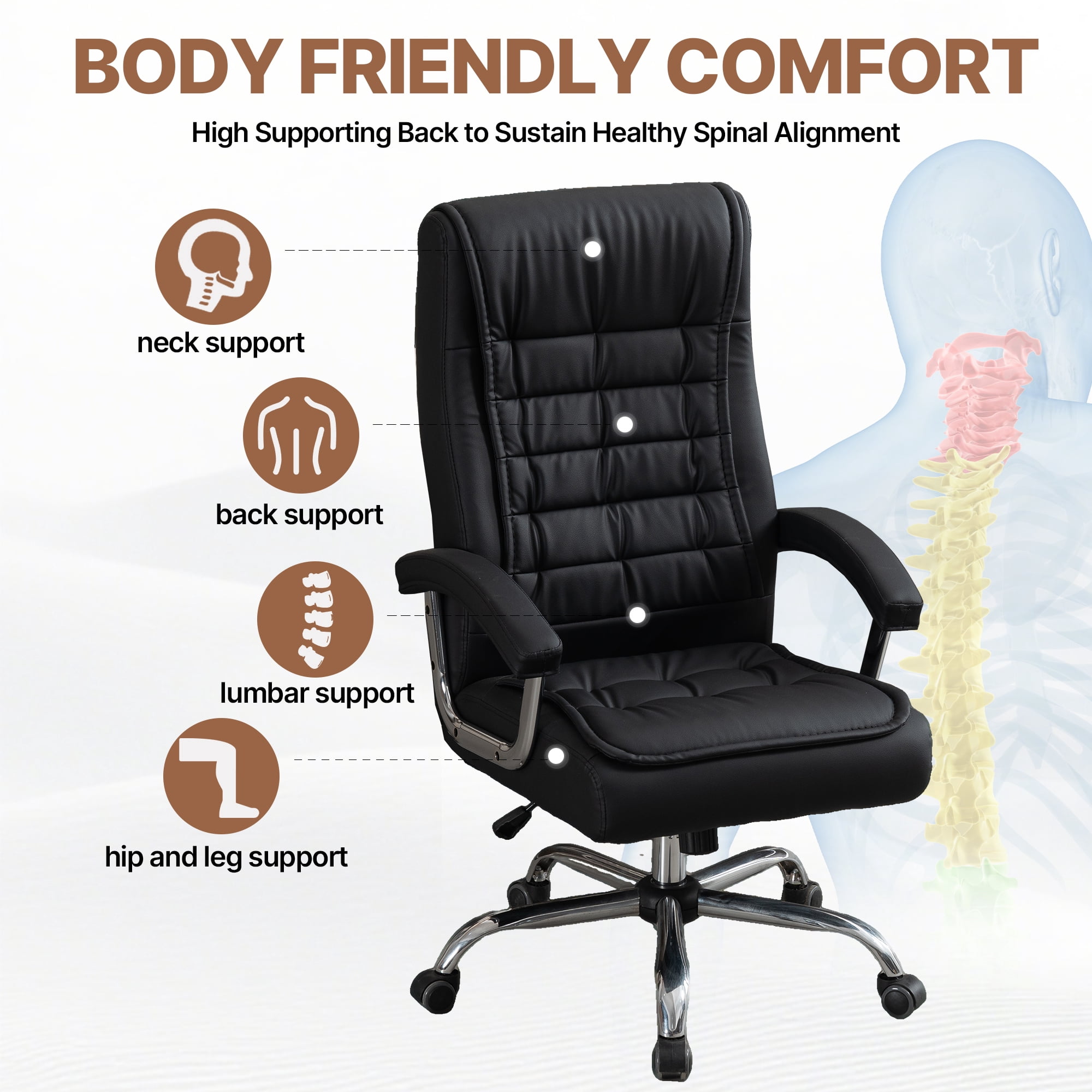 Ergonomic High Back Office Chair, Adjustable PU Leather Executive Swivel Desk Chair with Spring Padded Seat & Armrest, 350 LBS Capacity Computer Chair for Home Office，Black