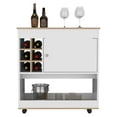 thumbnail image 5 of 37" H light oak/white bar-coffee cart, kitchen or living room cabinet, with 4 wheels, central storage with 2 doors, division for 6 bottles and a shelf with a wooden front on the bottom., 5 of 5