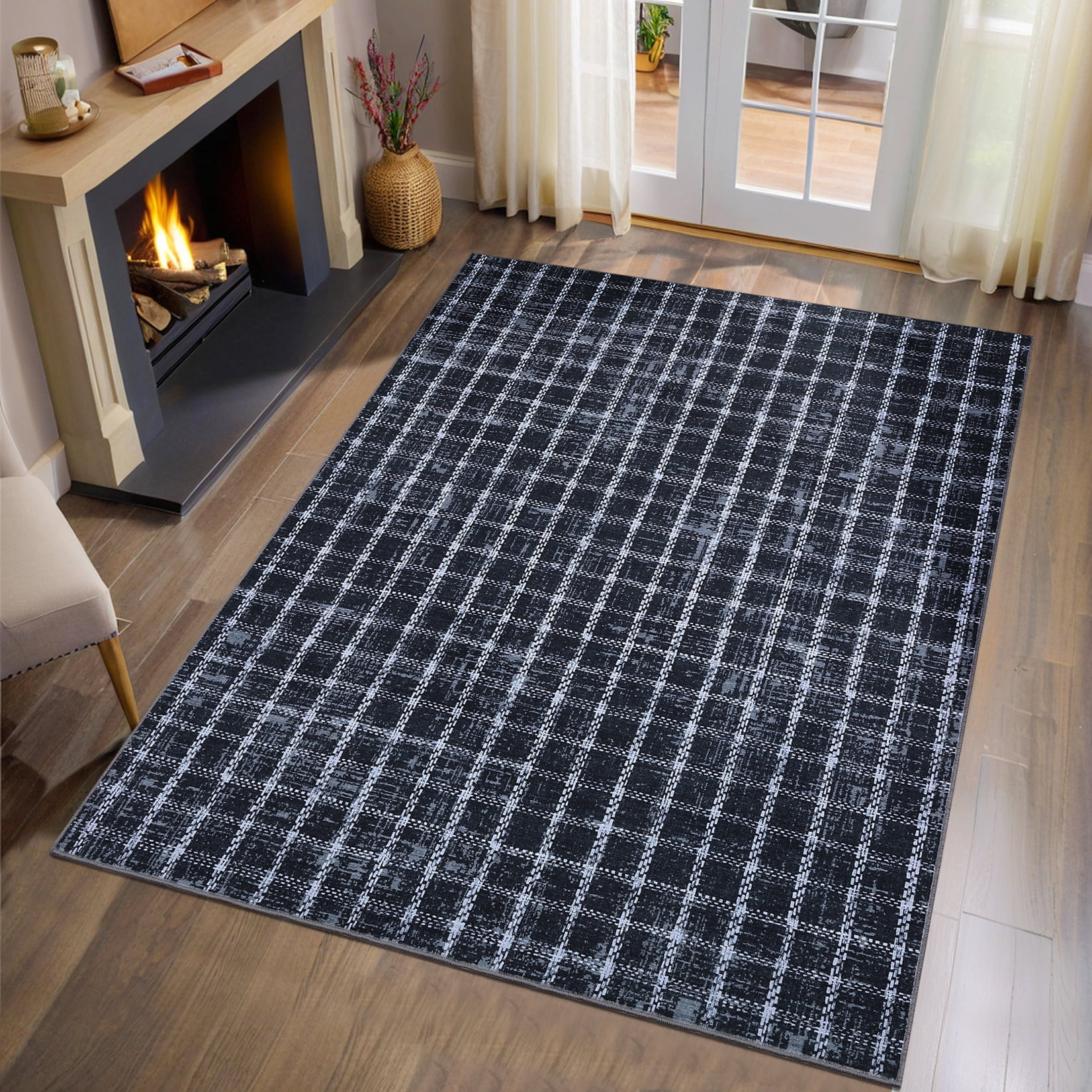 HOMERRY Plaid Print Non Slip Area Rug 8' x 10' for Living Room Washable Indoor Carpet, Blue