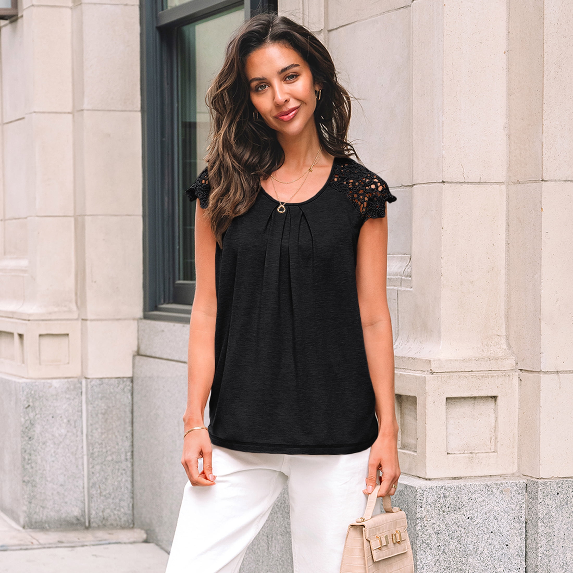 SUNBS Blouses for Women Lace Tops Pleated Short Sleeve Shirts Summer Business Casual Dressy Clothes