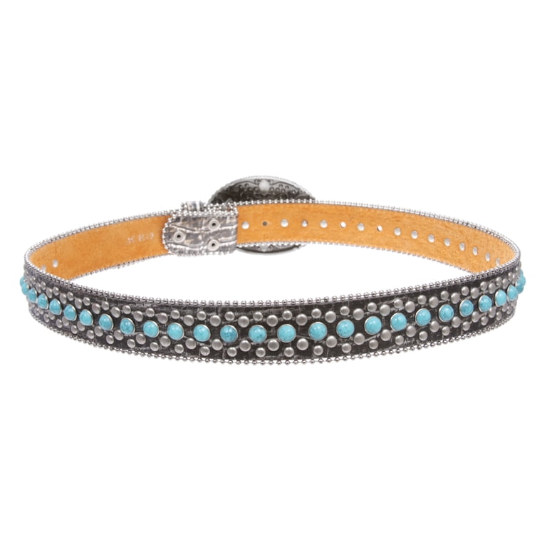 Turquoise Croc-Embossed Studded Western Belt with Buckle Western Turquoise Rhinestone Studded Faux Crocodile Print  main image 4