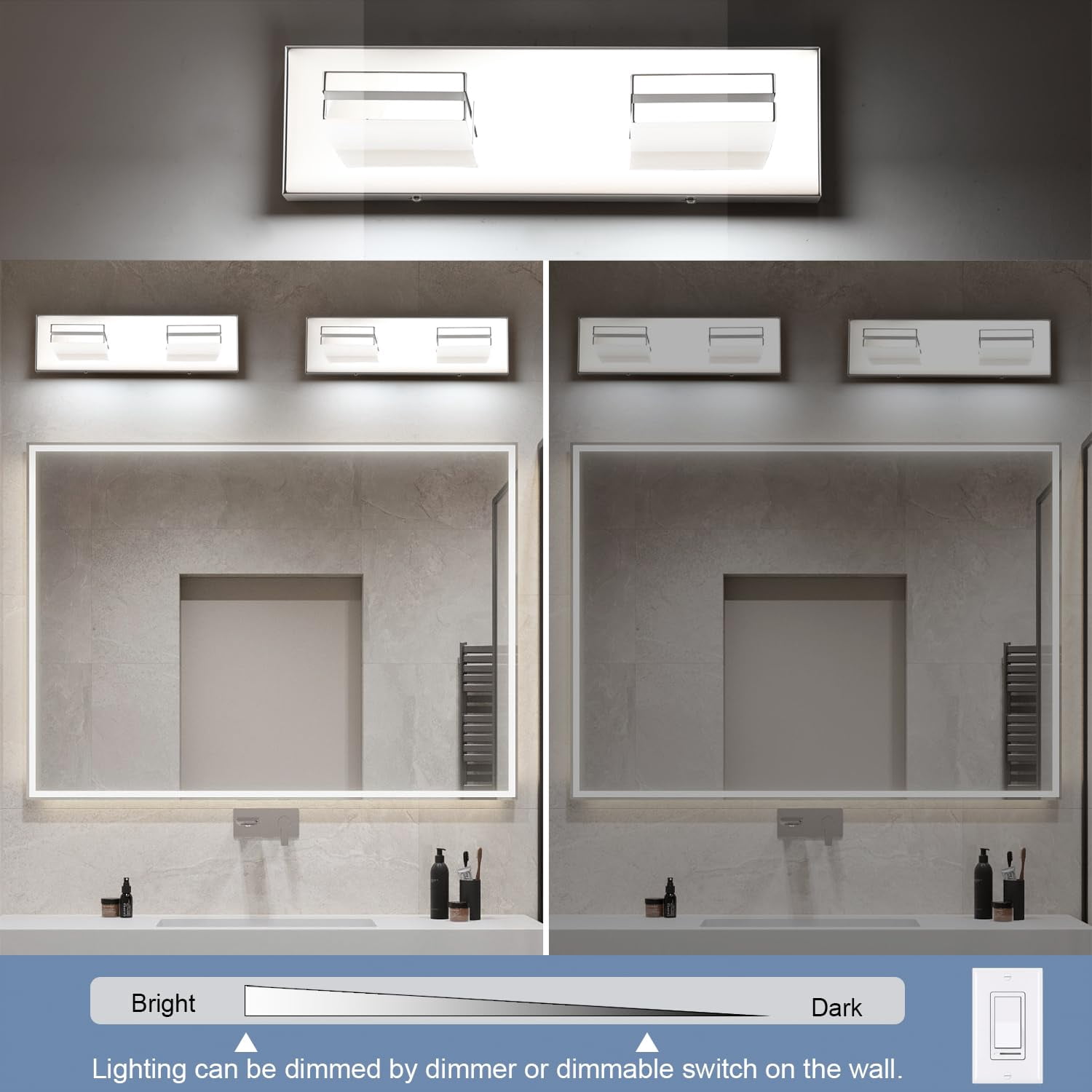 Led Modern Bathroom Vanity Light Fixtures (2-light  15.5-inch Dimmable) Chrome Acrylic Wall Lighting Over Mirror (cool White 6000k)