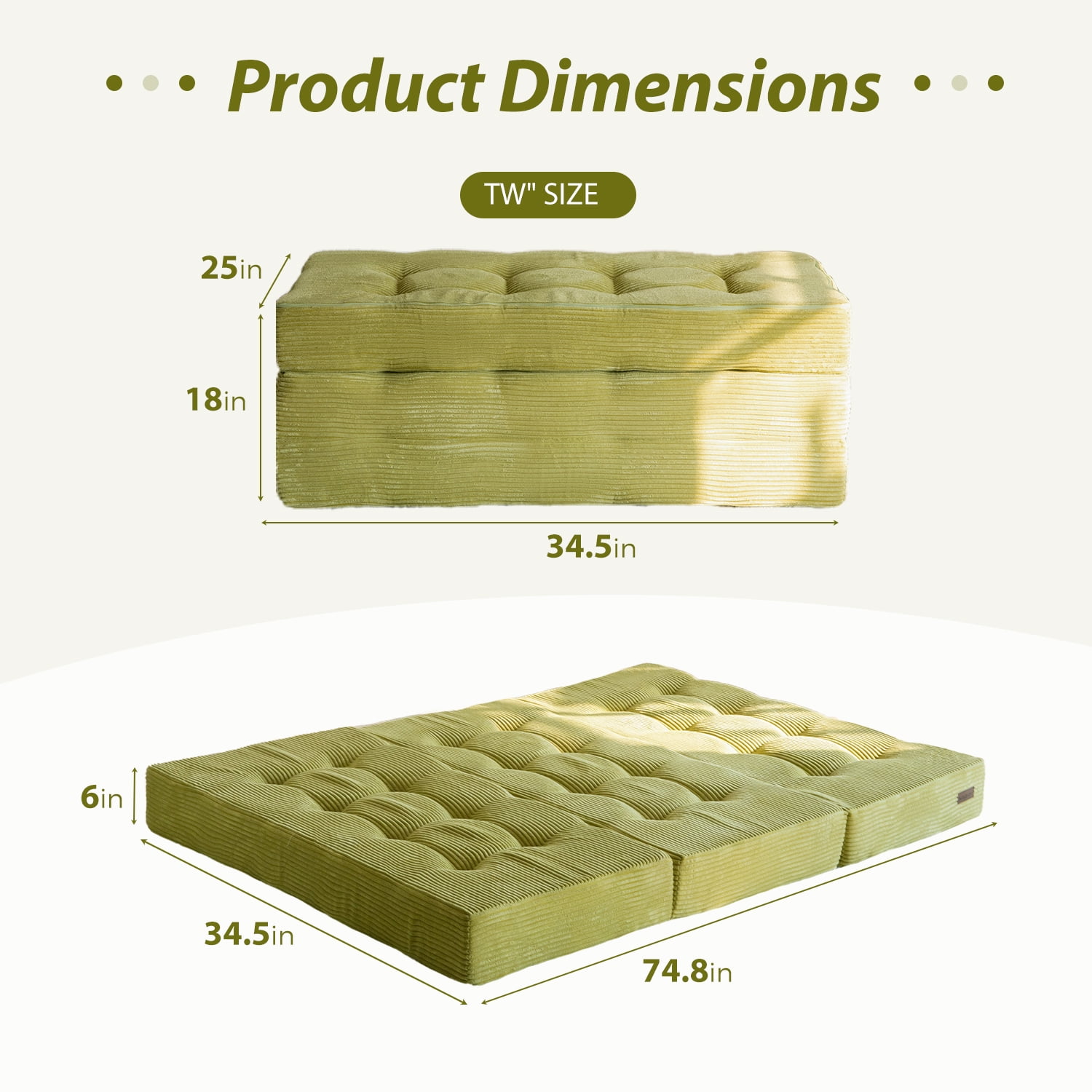 BYBYME 6 inch Tri-Fold Mattress,Corduroy Folding Mattress Made of a Whole Foam,Memory Foam Mattress Topper Perfect for Sleeping,Camping,Twin,Green