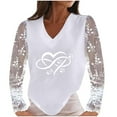thumbnail image 2 of Pompotops Femmes Casual Dentelle Patchwork V-Cou Pull Imprimé Coeur T-shirt Tops, 2 of 7