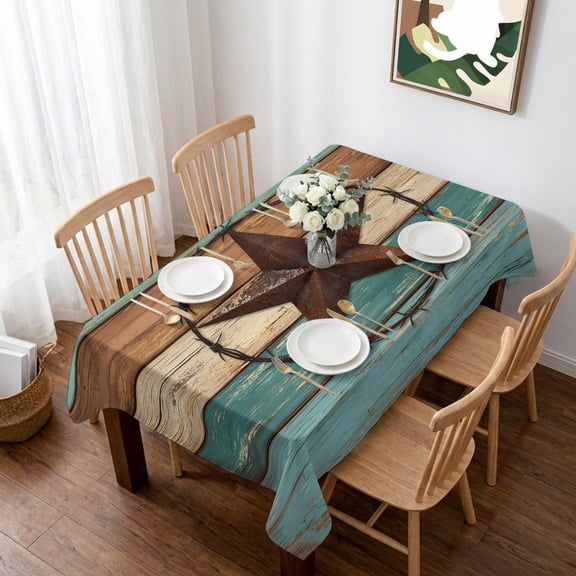 Texas Star Rustic Table Cloth Waterproof Tablecloths, Western Teal Brown Ombre Wooden Vintage Tablecloth Dining Table Cover for Kitchen Party Tabletop Outdoor, Rectangle Tablecloth 60x84 Inch