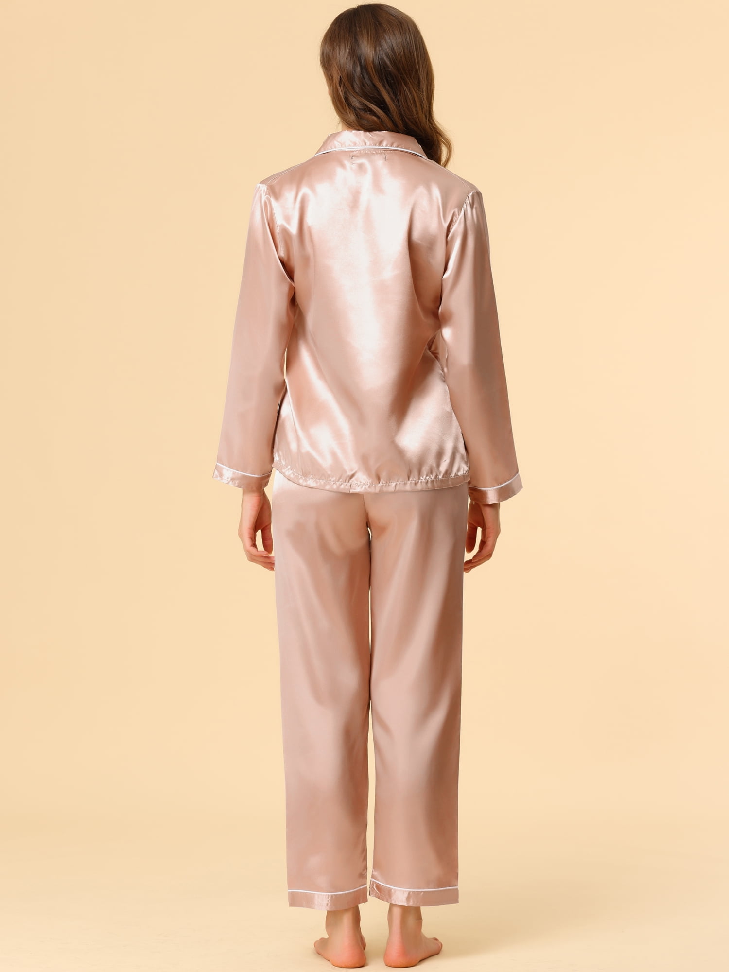 Unique Bargains Women's Satin 2pc Loungewear Button Down Silky Pajama Sleepwear Sets