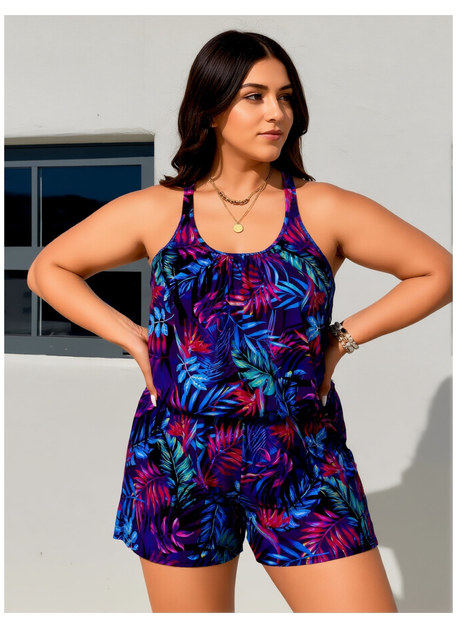 Plus Size Swim Romper Modest Swimsuits for Women One Piece Bathing Suit Shorts Swim Suit with Pockets