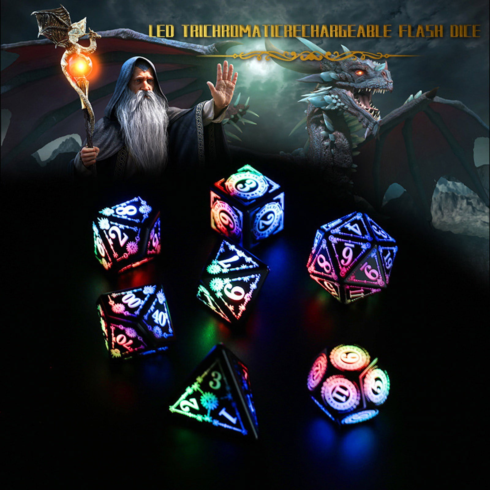 LED DND Dice Set, Rechargeable DND Dice Set, Light Up Dice with Charging Box, 7PCS Glowing LED Dice Electronic Dices, Polyhedral Dice Set for RPG Role Playing Table Game