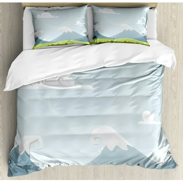 Cloud Queen Size Duvet Cover Set, Cartoon Mountains Landscape with Grass and Snow Idyllic Scene of Nature, Decorative 3 Piece Bedding Set with 2 Pillow Shams, Bluegrey Green Pale Blue, by Ambesonne