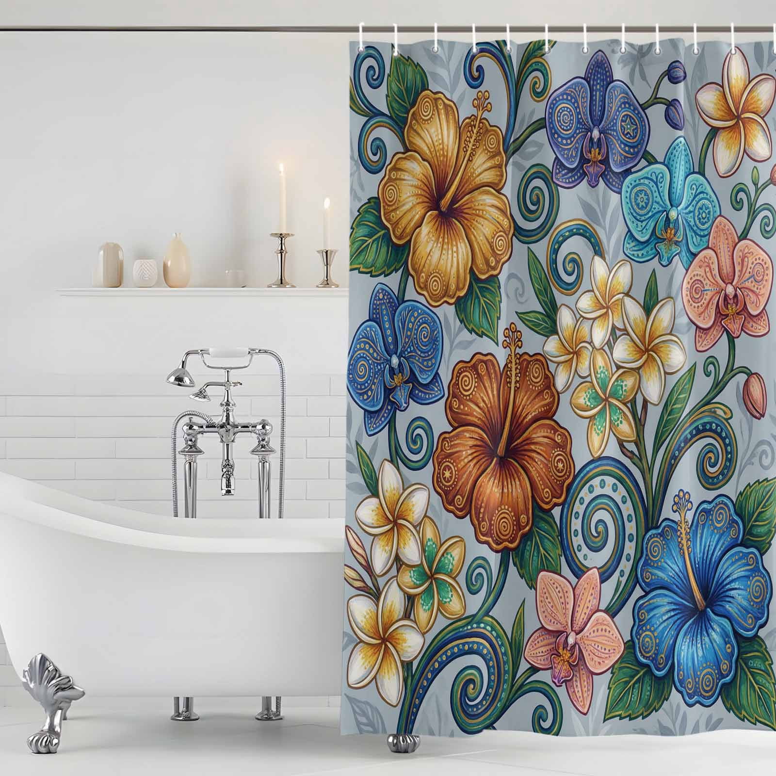 Shower Curtain Bathroom Set Abstract Retro Boho Flower Waterproof Fabric Shower Curtains with Grommets&Hooks, Blue Gold Flower Green Leaf Privacy Bath Curtain for Bathtub 72x72in