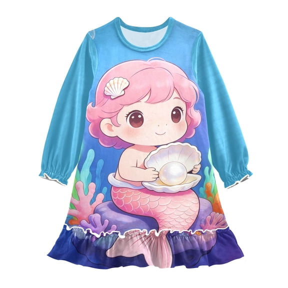 Casual Dresses Nightgowns Velvet Pleated design One-Piece Nightdress for Indoor Outdoor Daily Little-mermaid 3-10T
