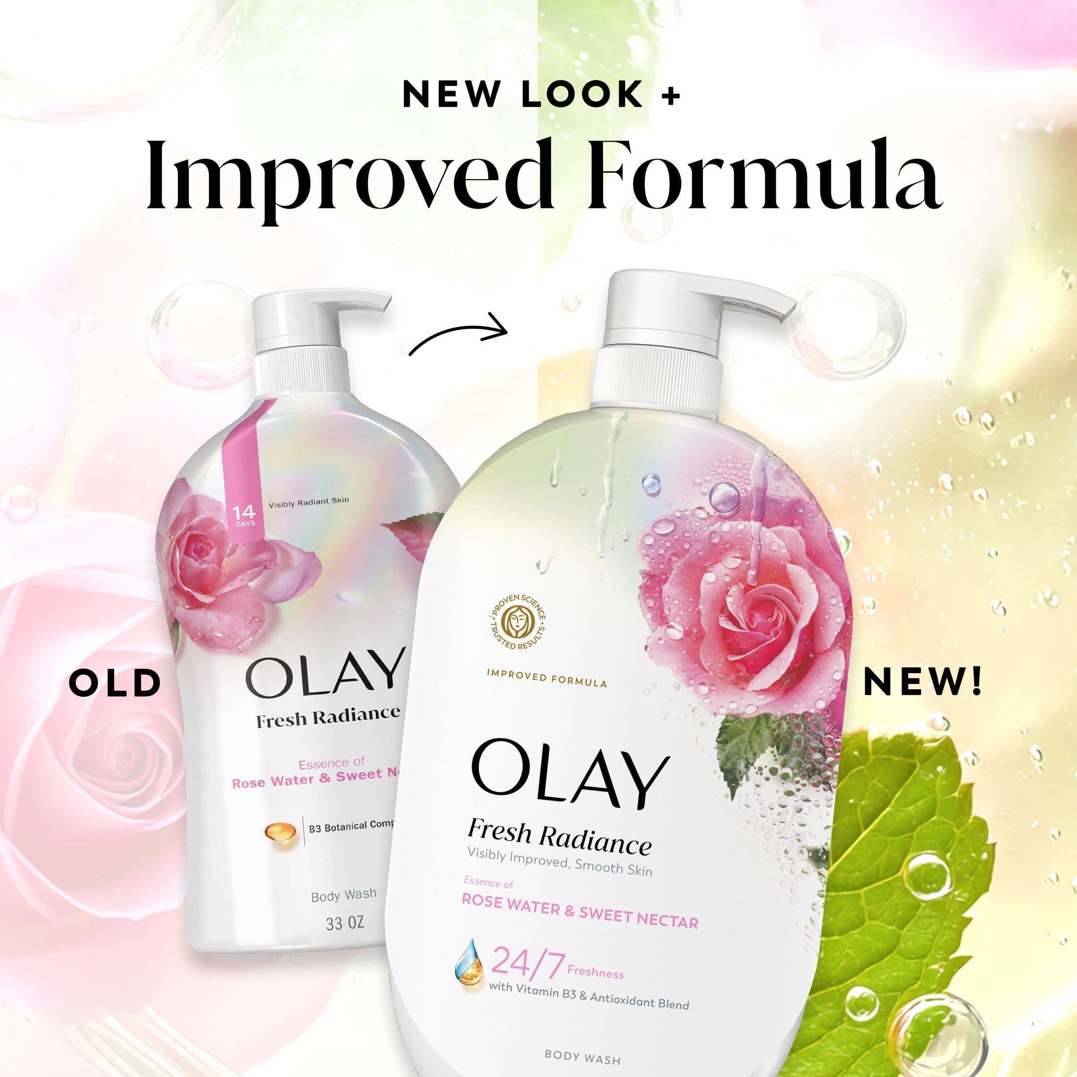 (4 pack) Olay Fresh Radiance Body Wash, Rose Water & Sweet Nectar, with Vitamin B3, 35oz