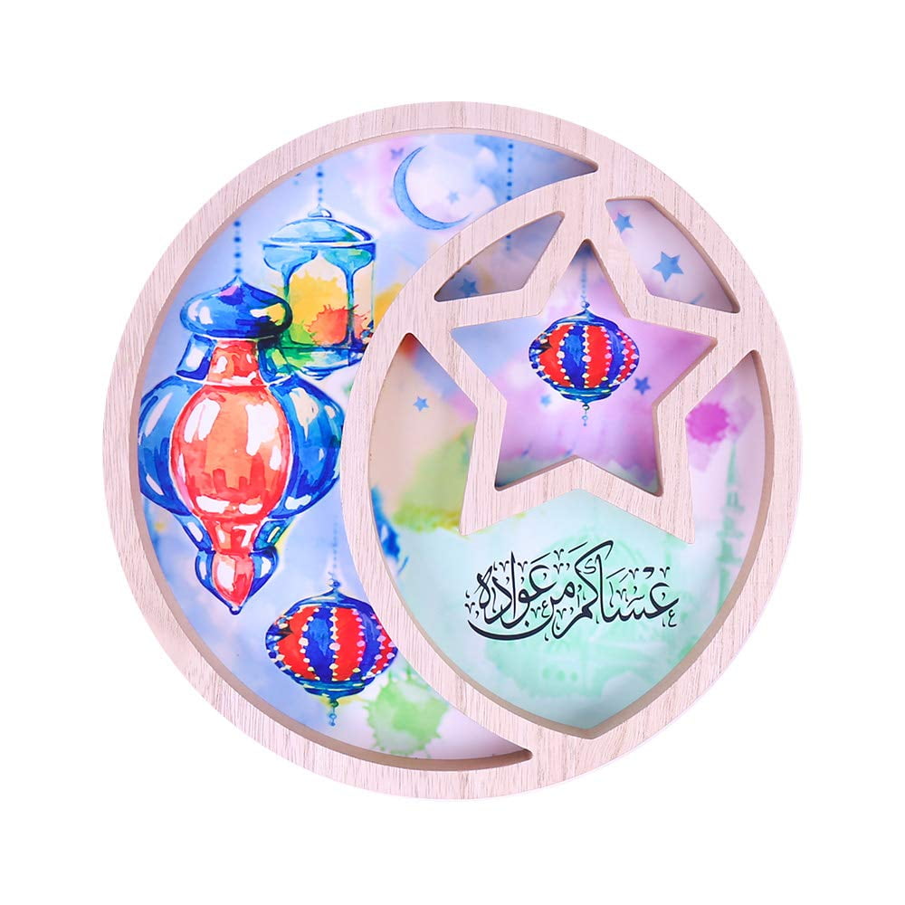 Ramadan Kareem Serving Tray Moon & Star Dessert Trays Wooden Food Platter Plates for Islamic Muslim Eid Mubarak Party