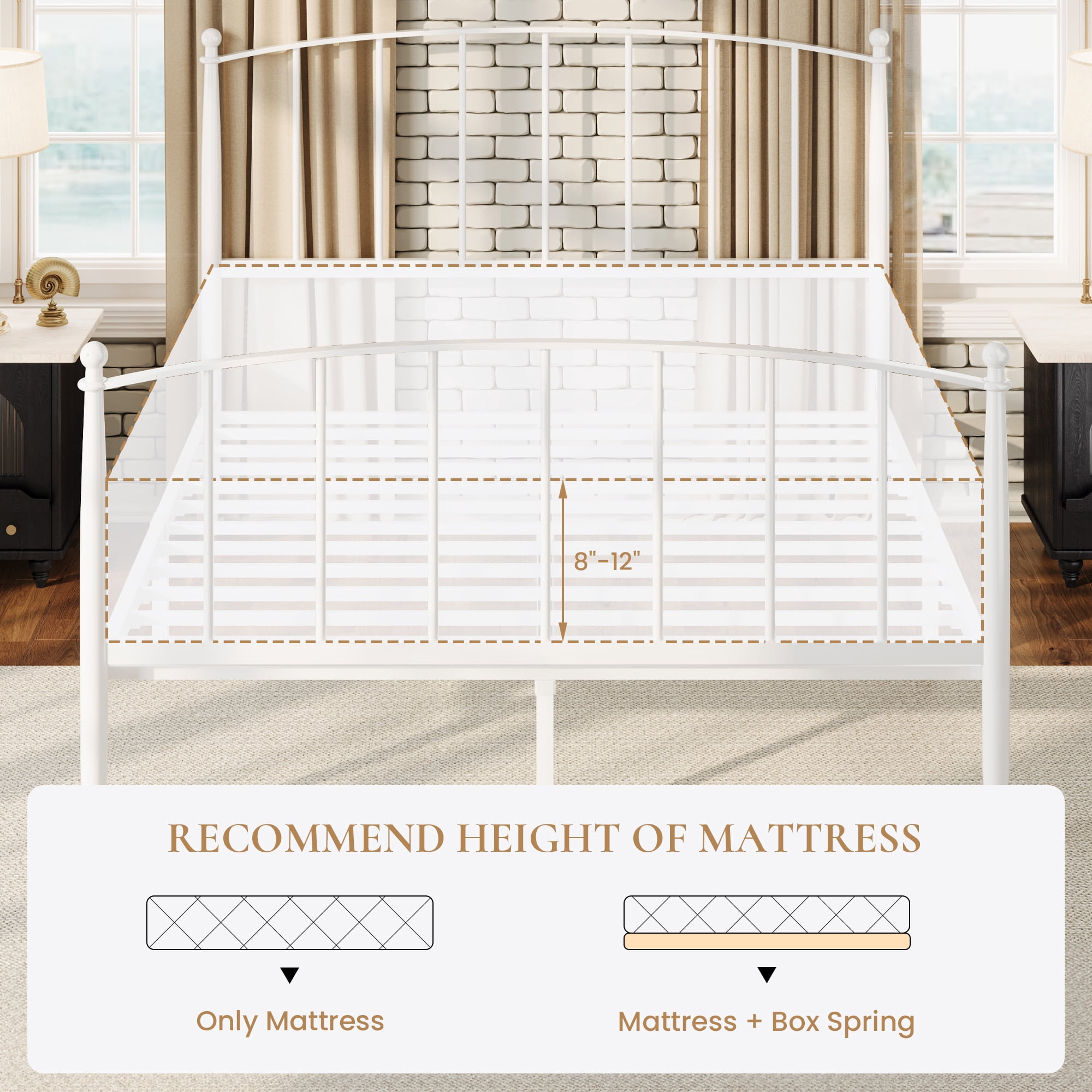 Sha Cerlin Full Size Metal Platform Bed Frame with Victorian Style Iron-Art Headboard and Footboard, White