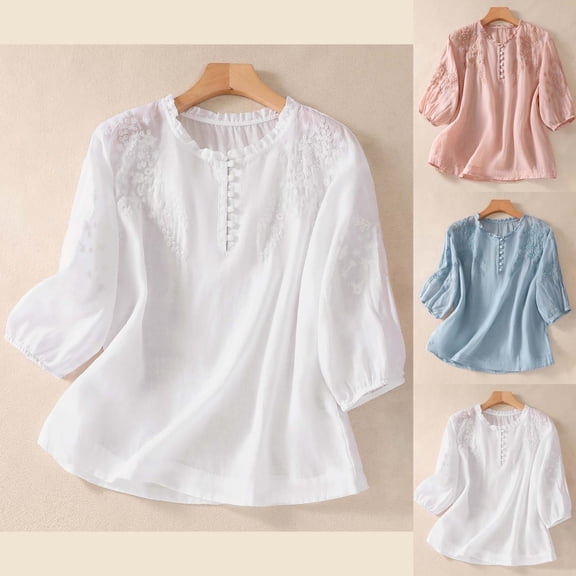 Women Cotton Linen Button Short Sleeve Loose Crew Neck Boho Vintage Embroidered Blouse Summer Top