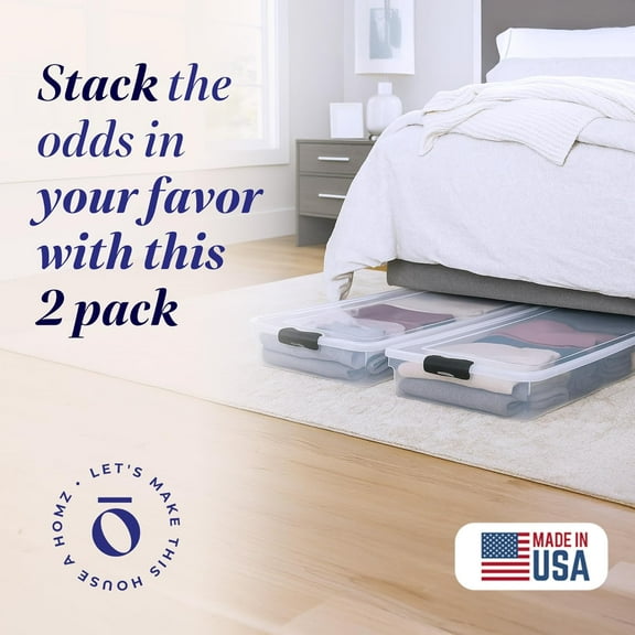 2-Pack Under Bed Storage  Plastic Containers with Lids, 60 Quart Gray Latch - Stackable Organizer Bins for Shoes, Clothes, Towels