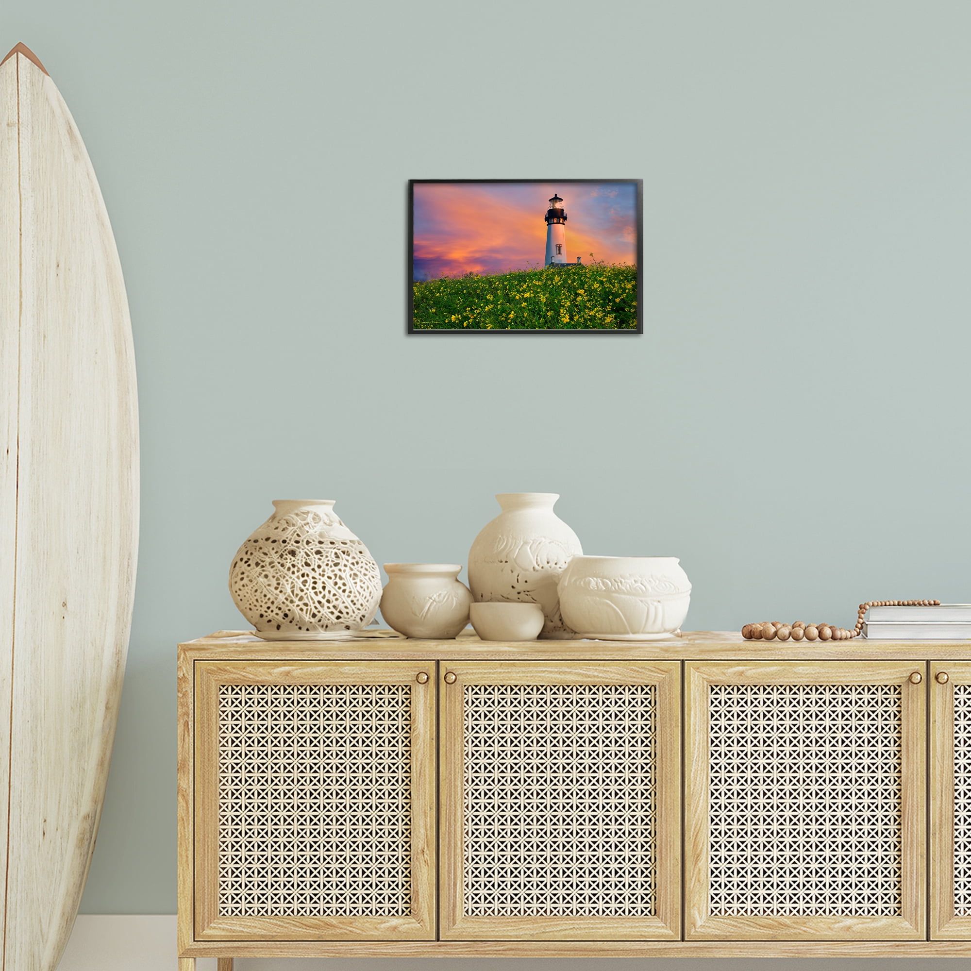 Stupell Industries Lighthouse & Floral Meadow Coastal Photography Black Framed Art Print Wall Art, 18 x 12