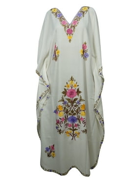 Mogul White Embellished Maxi Long Caftan Dress Bohemian Fashion Bikini Coverup Kimono Evening Gown Resort Wear 3XL