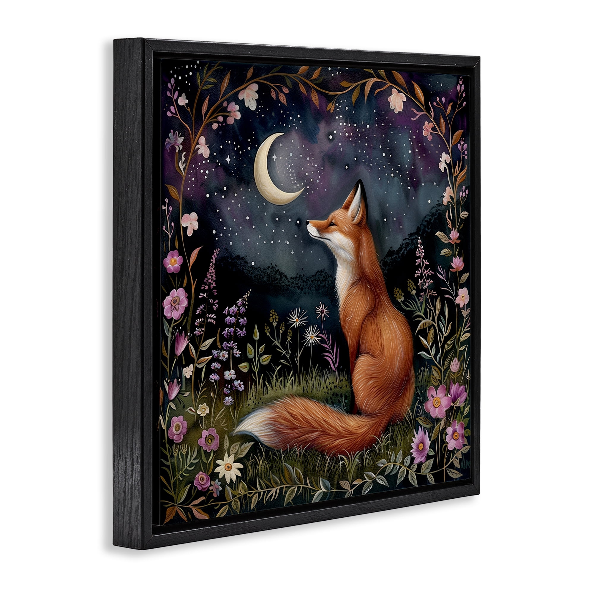 Stupell Industries Woodland Fox Night Forest Animals Painting Black Floater Framed Canvas Art Print Wall Art, 25 x 25