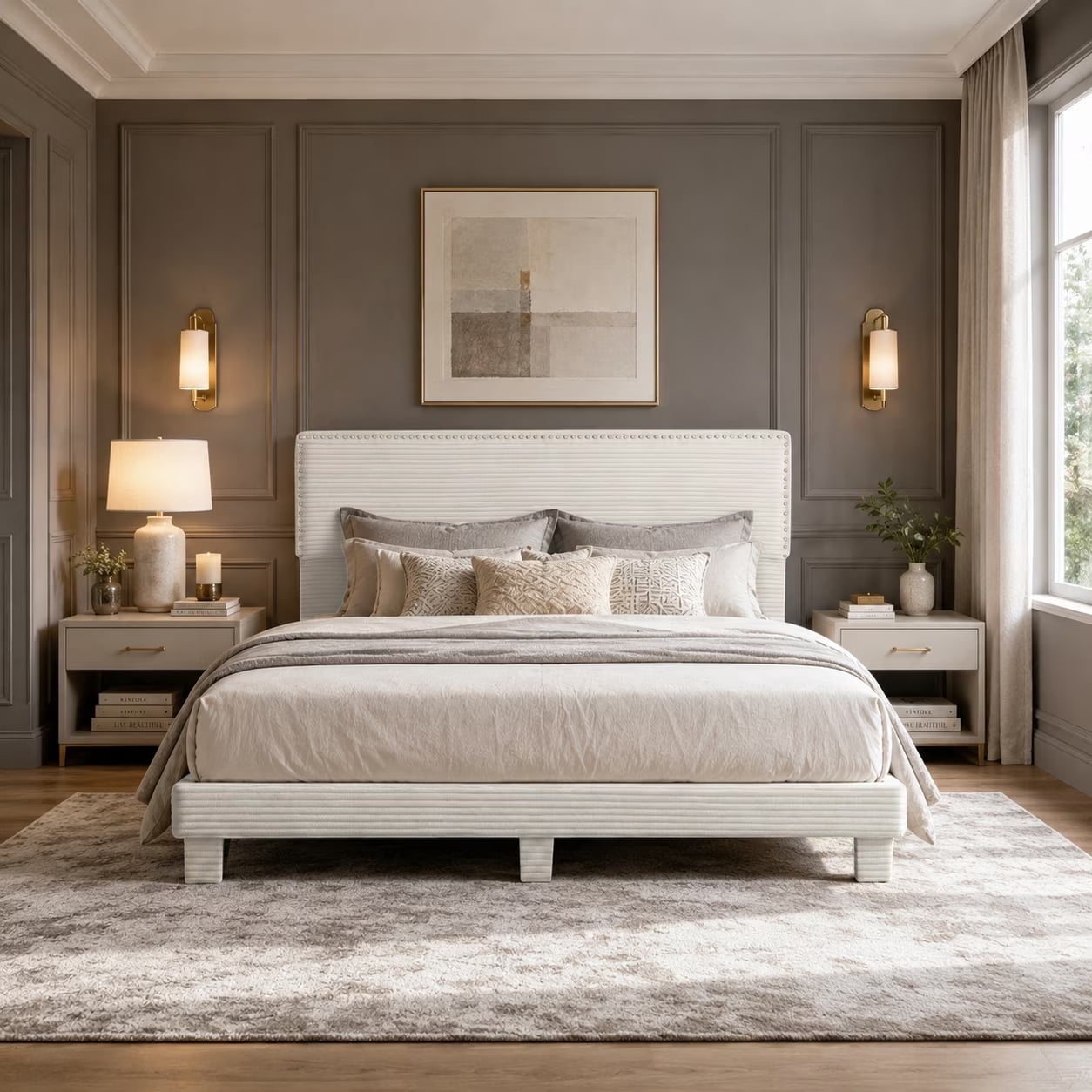 Gewnee King Size Bed Frame with Oversized Adjustable Height Corduroy Headboard, Copper Nailhead Trim, Beige, No Box Spring Needed