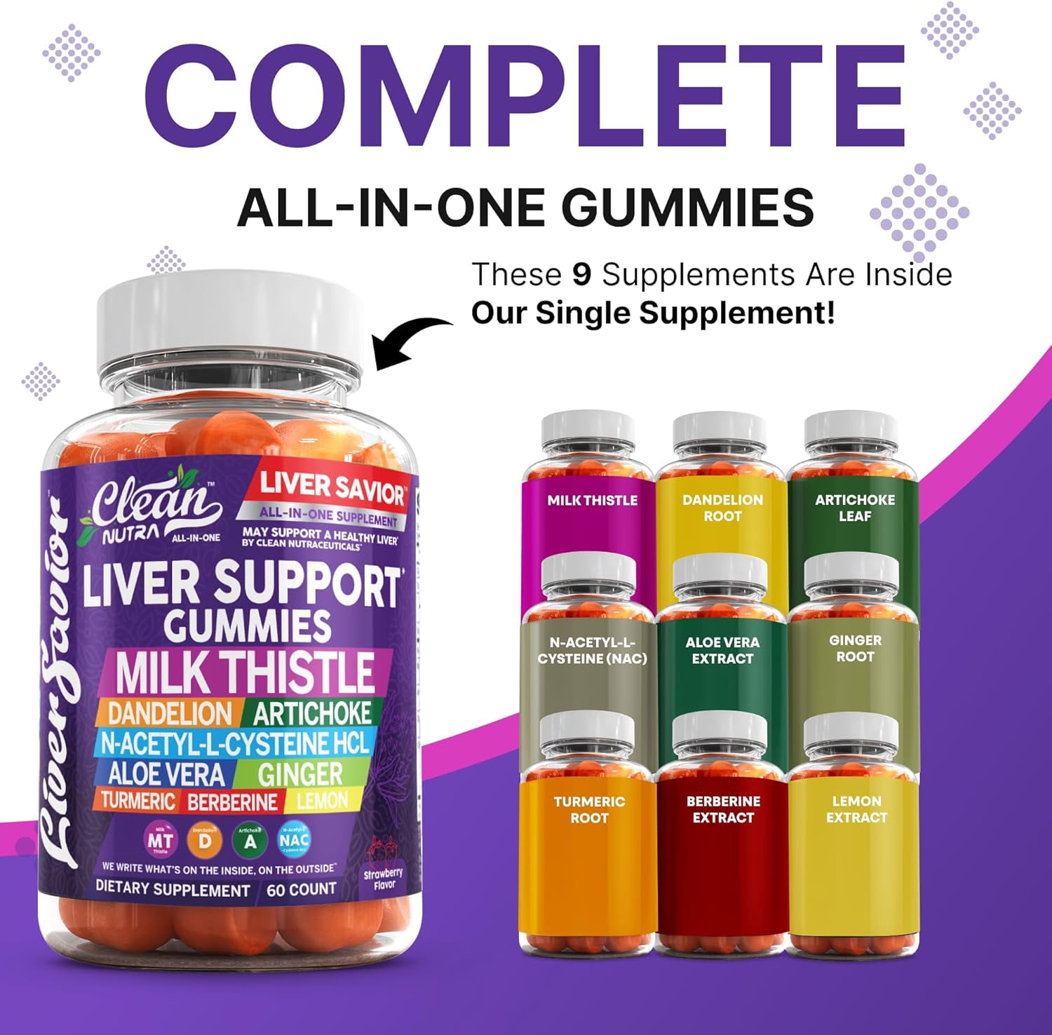 Clean Nutra Liver Cleanse Detox & Repair Gummies | Milk Thistle Gummy Liver Support Vitamins | Dandelion, Artichoke, Aloe Vera, Ginger, Berberine, Lemon, N-Acetyl-L-Cysteine, Turmeric Supplement HCL