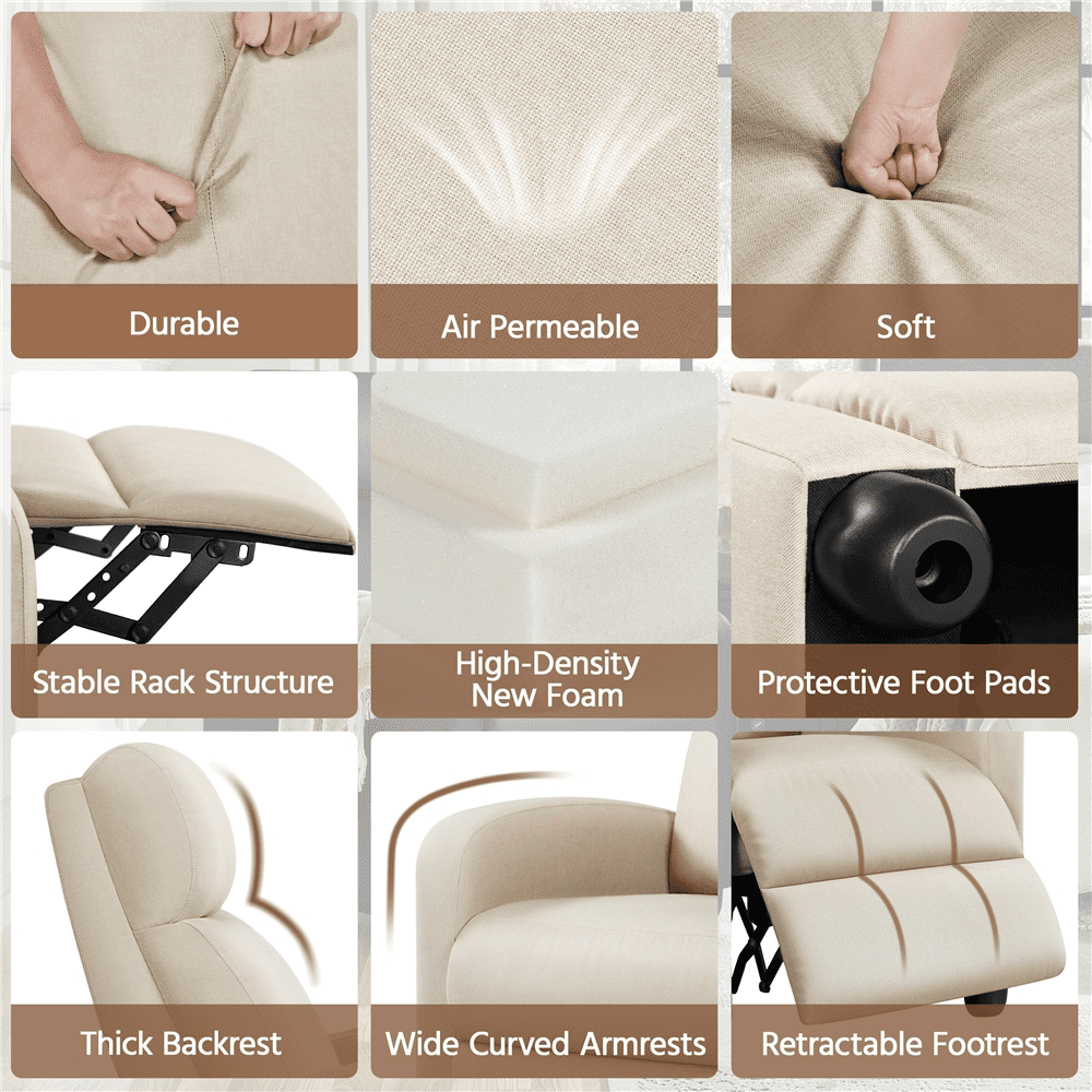 Renwick Fabric Push Back Theater Recliner Chair with Footrest, Beige
