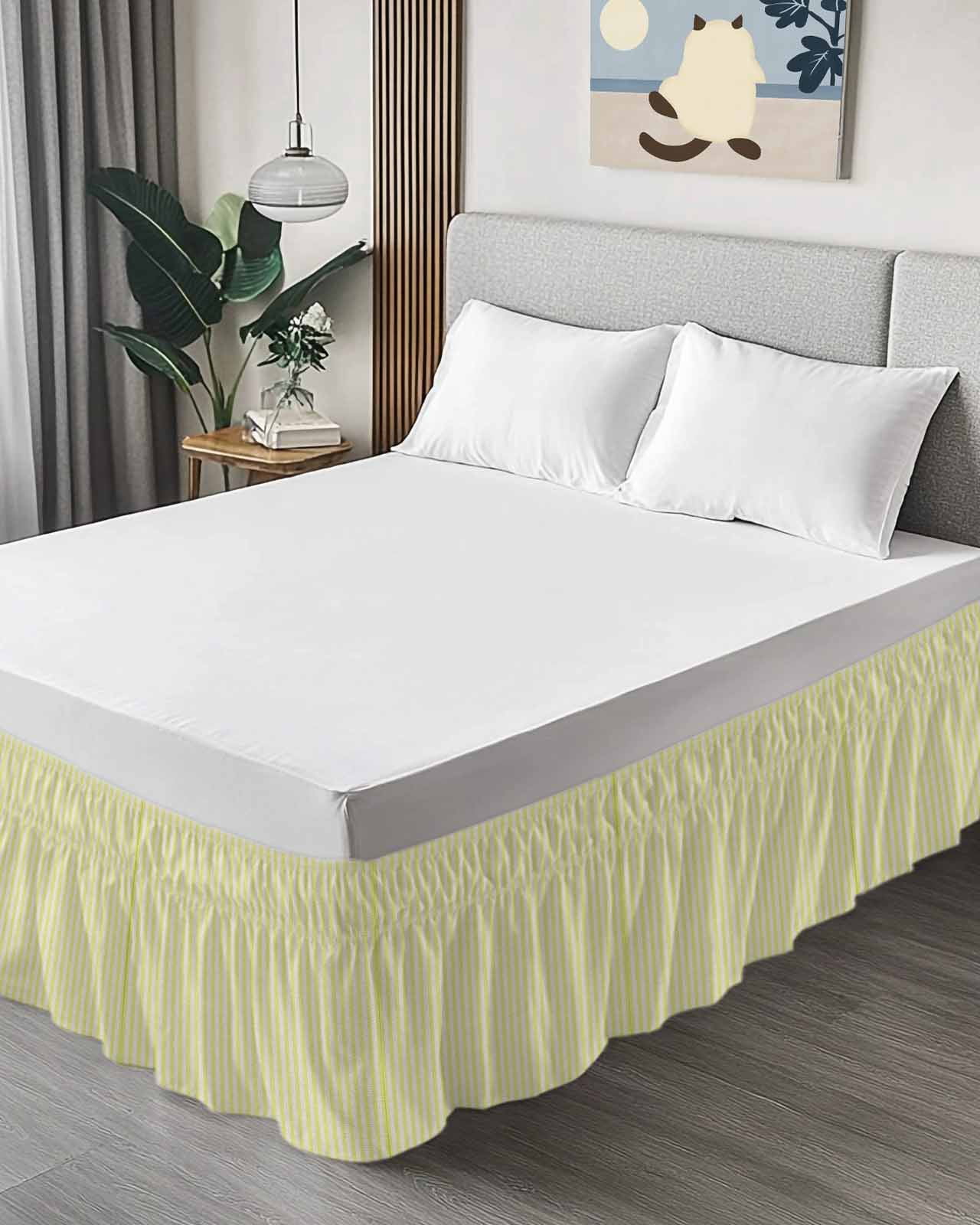 Simple White Striped Bed Skirt King Size 18 Inch Drop, Yellow Stripe Vintage Linen Adjustable Elastic Dust Ruffles Bedskirt for King Bed Wrap Around Pleated Mattress Frame Cover