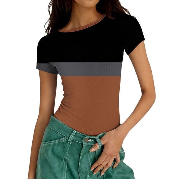 Odbmxy Crop Women's T Shirts Summer Short Sleeve Tops for Women Plus Size Slim Sports Color Block Casual Orange Tops