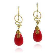 Graceful Red Synthetic Coral Teardrop w/ Swirling Brass Dangle Earrings