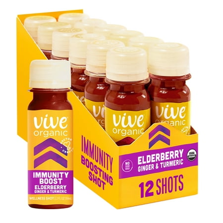 Vive Organic Immunity Boost - Elderberry (2oz, 12 Count) Proactive Wellness Shot -Strengthen Immune Support - Cold Pressed Blend of Superfoods Ginger, Turmeric & Juices