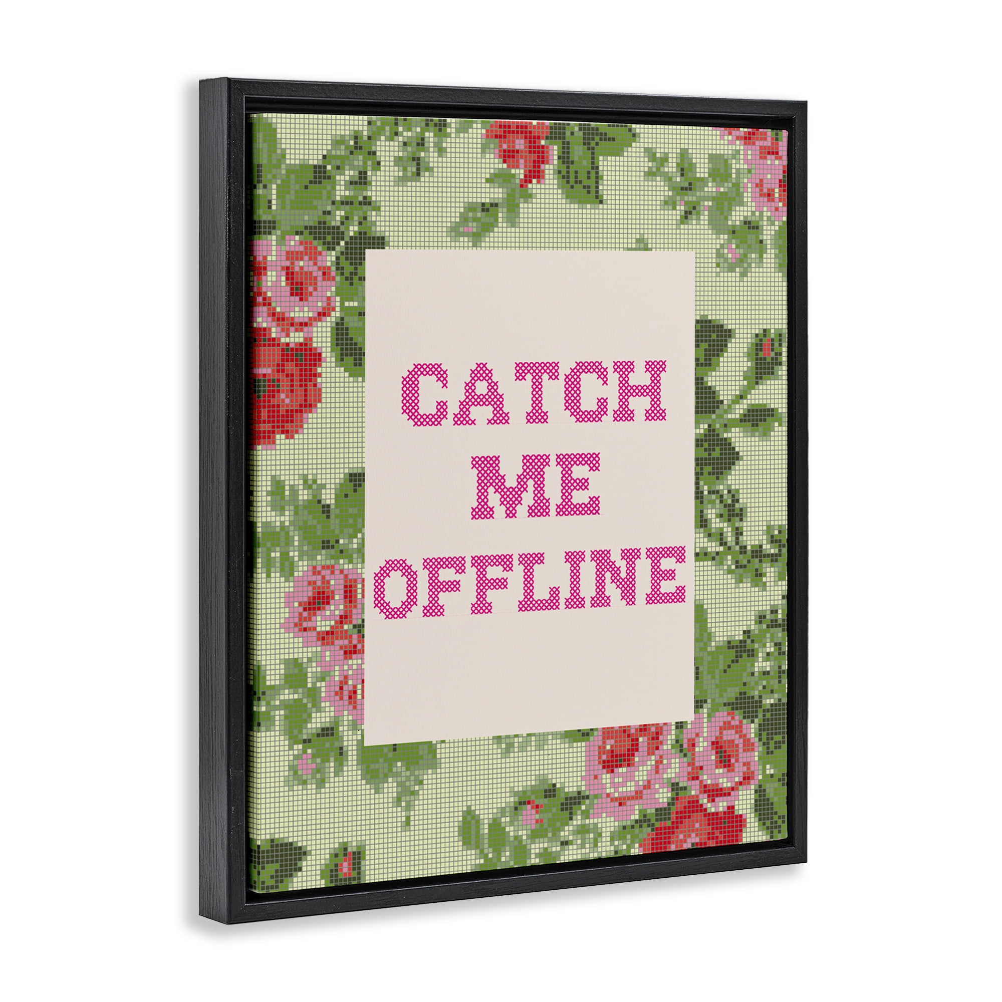 Stupell Industries Catch Me Offline Faux Cross Stitch Black Framed Floater Canvas Wall Art, design by Lil' Rue