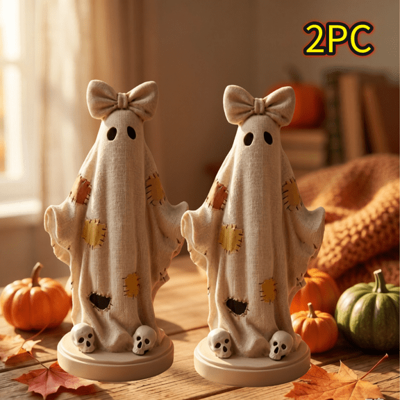 Vintage Patchwork Ghost Decoration , Patchwork Ghost with Skull Decor, Cute Halloween Resin Figurine Decor, Halloween Ghosts Decor for Mantel, Whimsical Ghost Ornament
