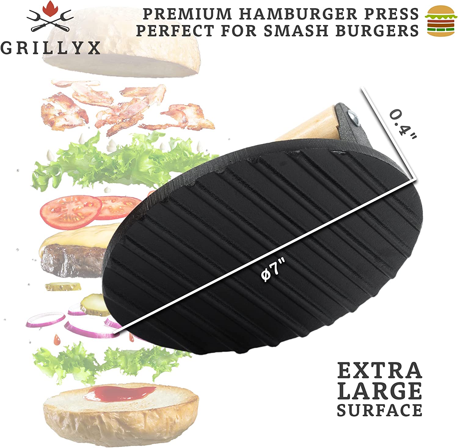 Grillyx Cast Iron Burger Press with Birchwood Handle (ø7) Smash