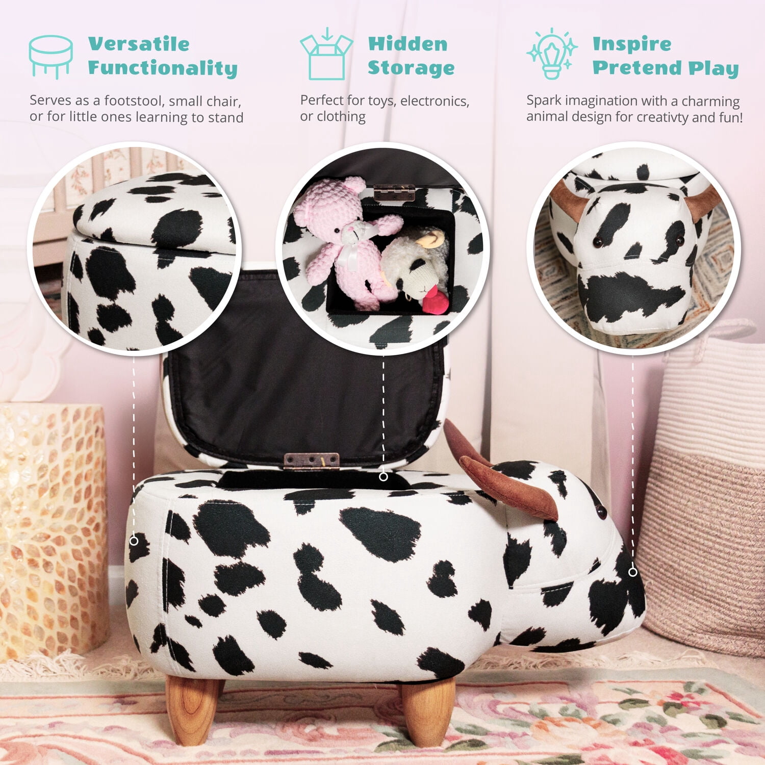 Critter Sitters 15-in. Seat Height Black-White Cow Animal Shape Storage Ottoman