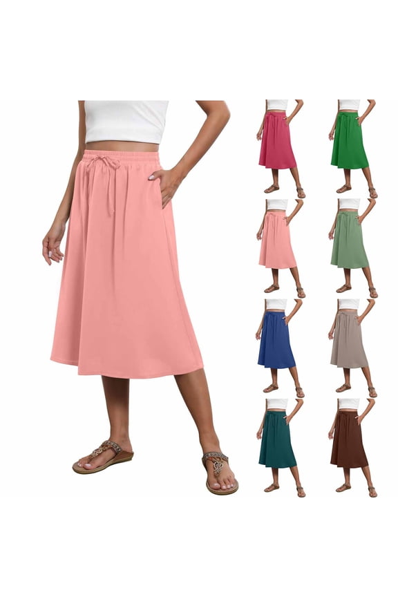 Midi Summer Skirts for Womens Drawstring Elastic High Waist Skirt Casual Knee Length Skirt Trendy Vacation Clothes with Pockets Navy,M