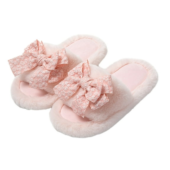 Xfvqtps Womens Furry Slippers Lace Bowknot Fluffy Plush Open Toe Cute Girlish Princess Comfortable Non-Slip Warm Winter Indoor and Outdoor Slippers Pink