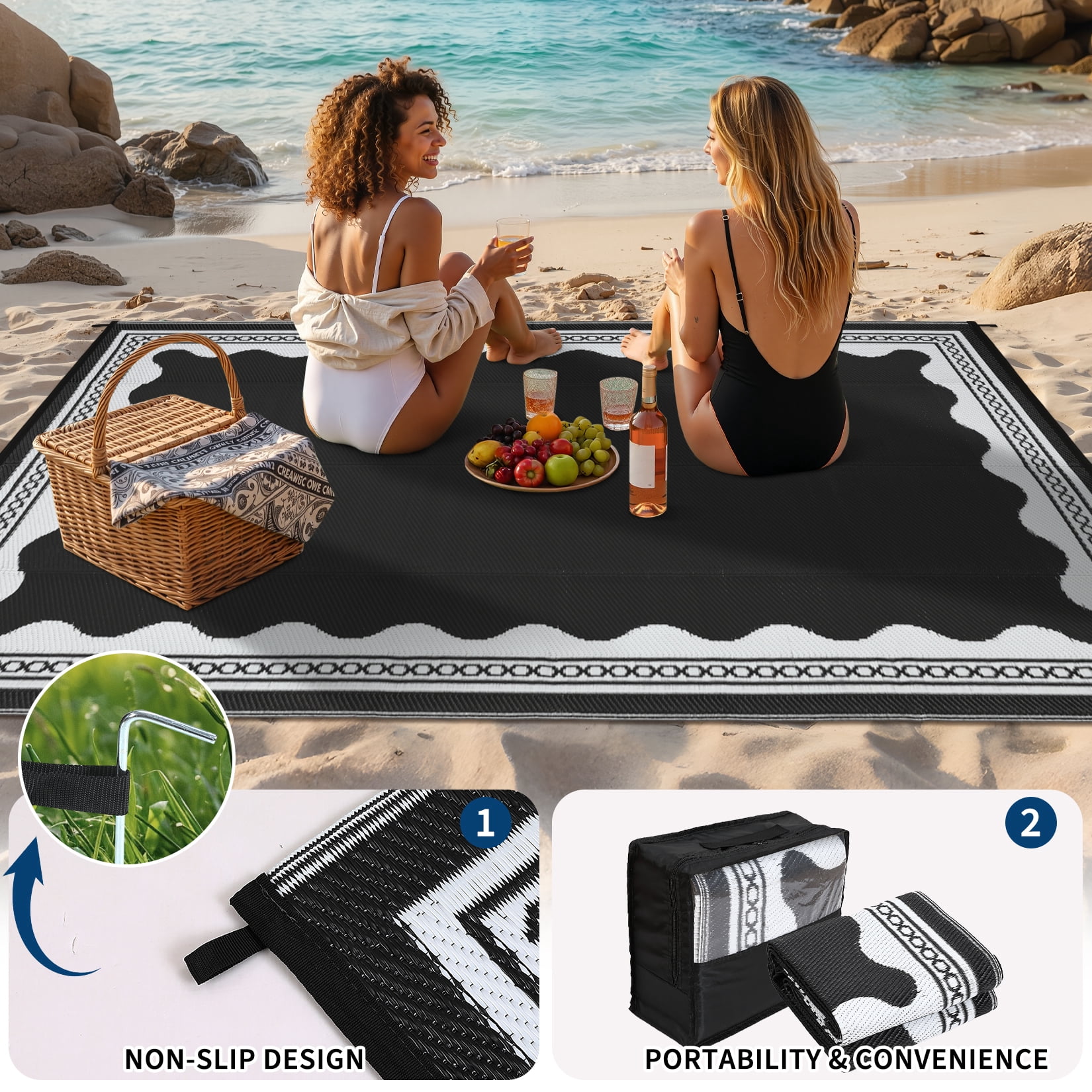 Garvee Outdoor Rug 8x10ft Modern Bordered Reversible Plastic Straw Rug, Waterproof RV Camping Rug Foldable Patio Rug for Deck Porch Balcony Backyard Picnic Beach, Black/White
