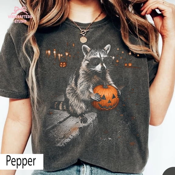 Halloween Raccoon Holding Pumpkin T-shirt, Spooky Trash Panda Tee