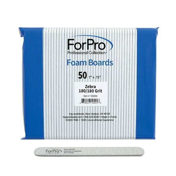 ForPro Zebra Foam Board, 180/180 Grit, Double-Sided Manicure Nail File, 7” L x .75” W 50-Count