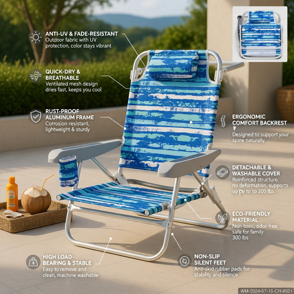 Hommoo 2-Pack Foldable Beach Chair with 5-Position Recline, Padded Headrest & Cup Holder, Lightweight Aluminum Outdoor Chairs for Beach, Camping, Picnic, Blue