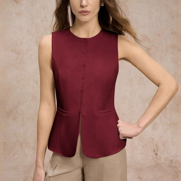 Blusa de poliéster para mujer, sin mangas, sin capucha, informal, de verano, con cuello redondo, lisa, cómoda, regular e informal