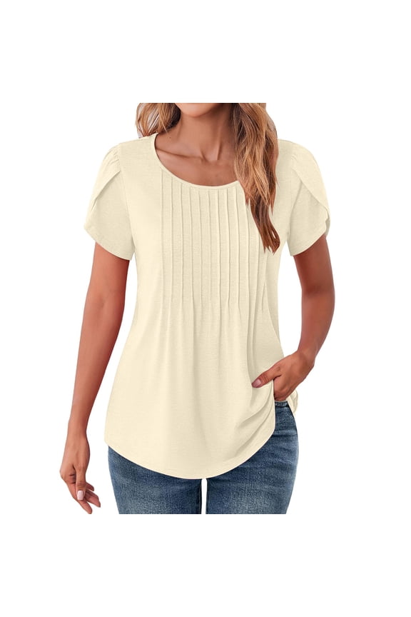 Womens Tops Womens Solid Color Casual Round Neck Pleated Line Chest Petal Short Sleeve T Shirt Top Blouse Womens Dressy Tops Tops for Women Trendy Beige L