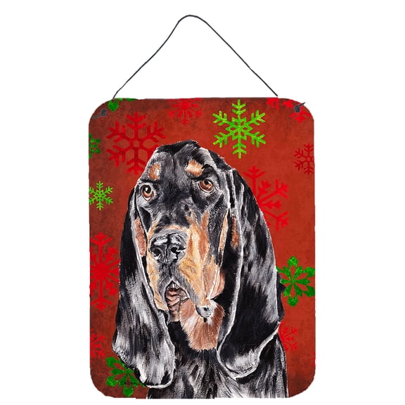 Black and Tan Coonhound Red Snowflakes Holiday Wall or Door Hanging Prints