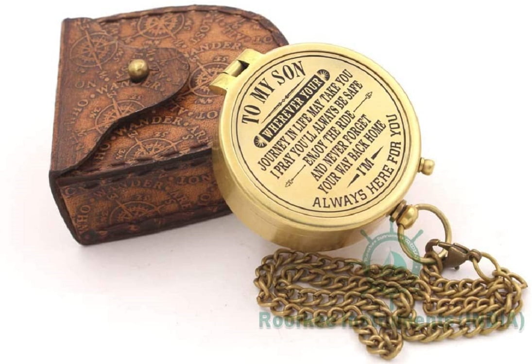 Roorkee Instruments India Brass Golden Colored Engraved Compass with Imprinted Case